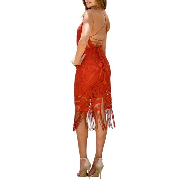 Stunning Fringe Hem Lace Spaghetti Cross Strap Lace Up Backless Bodycon Dress S - Picture 5 of 8